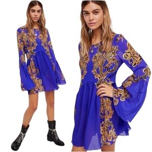 Intimately Free People Bell Sleeve Swing Dress  Royal Purple Scrolls